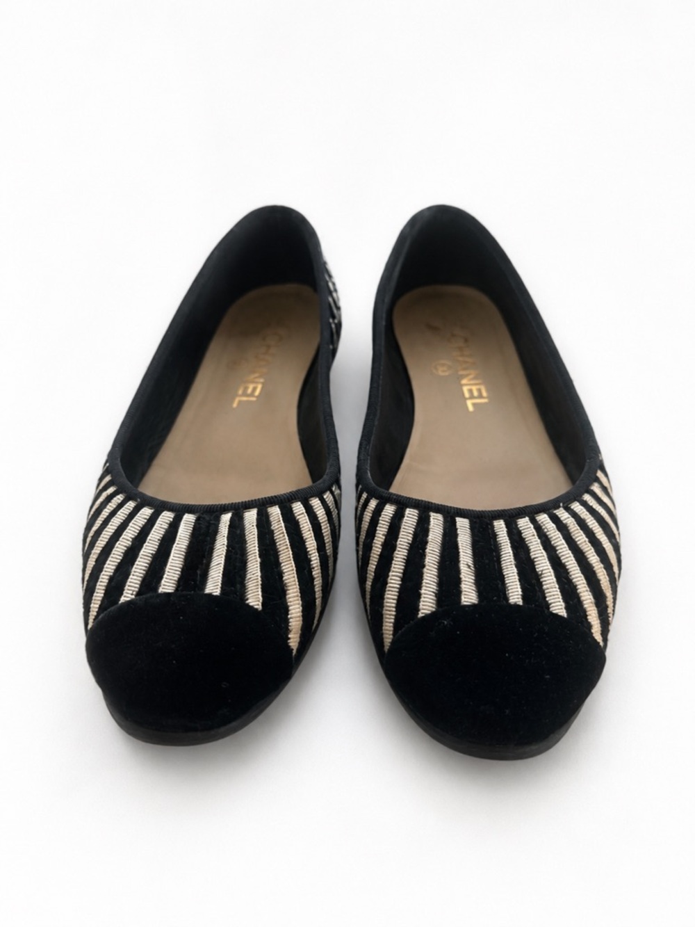 CHANEL Black with Cream Striped Suede Cap-Toe Flats